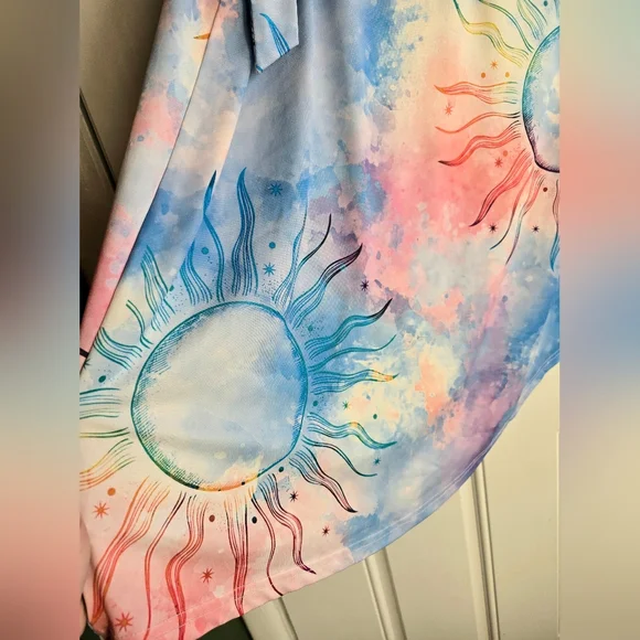 "Beyond This Plane" Colorful Celestial Sun Top, Plus Size 1XL, Asymmetrical Hem - Picture 6 of 7